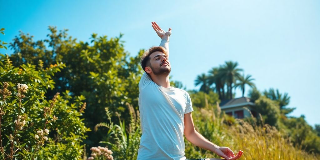 Person practicing yoga outdoors in a sunny setting.