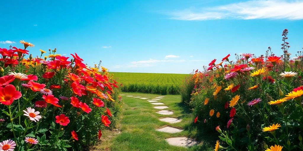 Serene landscape with flowers and a peaceful pathway.