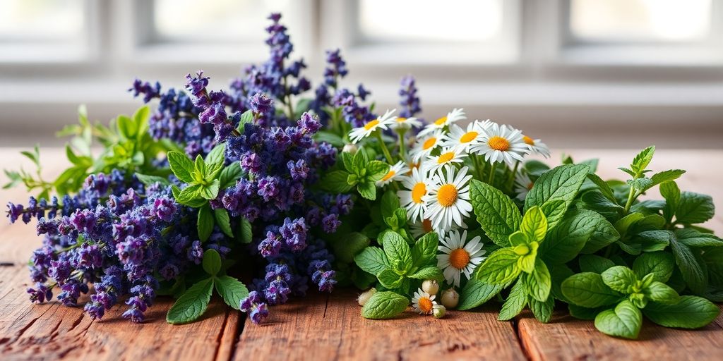 Fresh herbs for anxiety relief on wooden table.