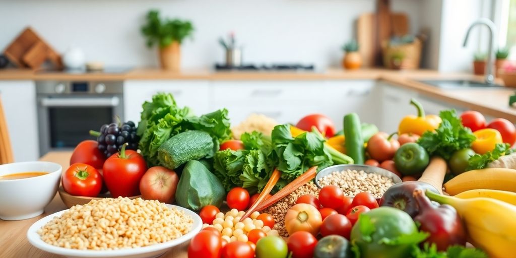 Colorful healthy meal with fruits and vegetables on a table.