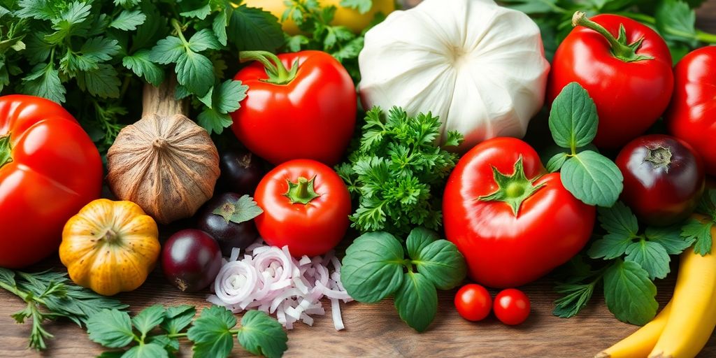 Colorful herbs and fruits promoting heart health.