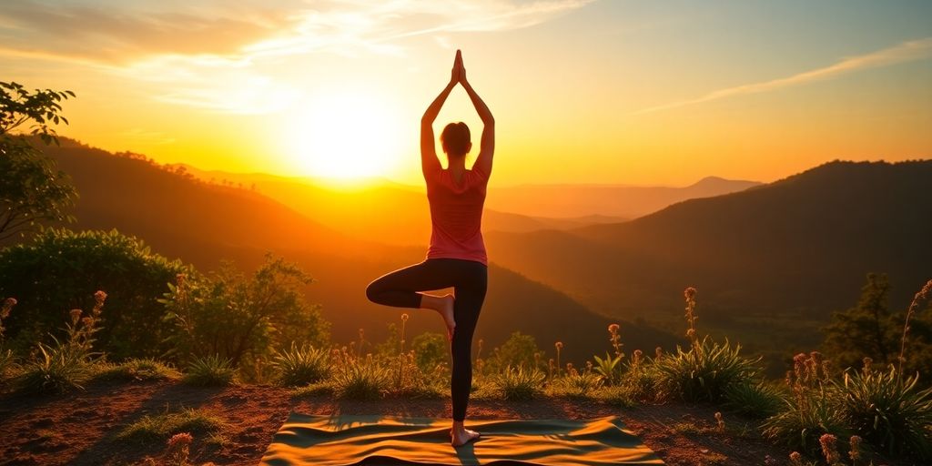 Person doing yoga at sunrise in a natural setting.