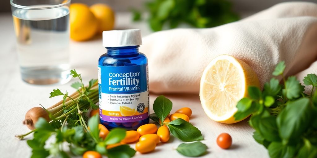 Photograph of prenatal vitamins with herbs and water.