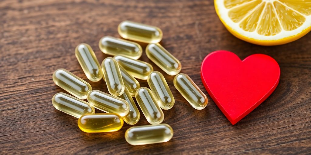 Fish oil capsules with lemon and heart decoration.