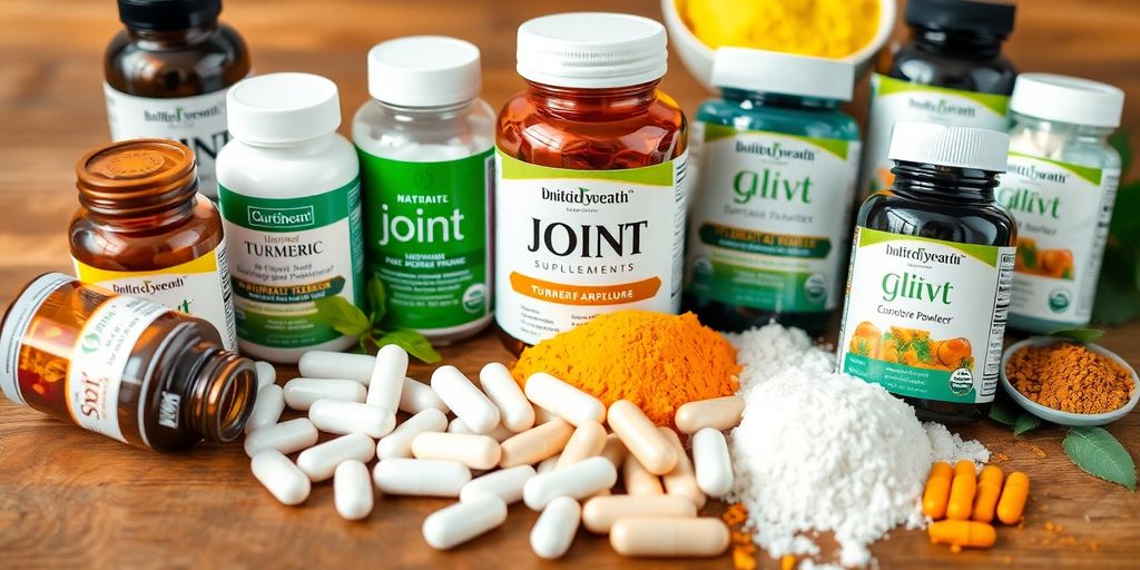 Assorted joint supplements on a wooden surface.