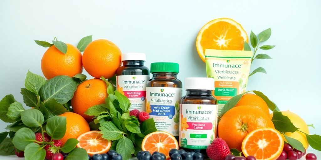 Colorful fruits, vegetables, and Immunace supplements for immunity.