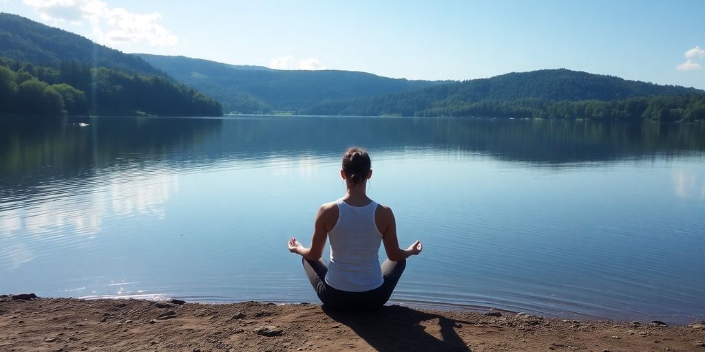 Person meditating by a tranquil lake in nature.