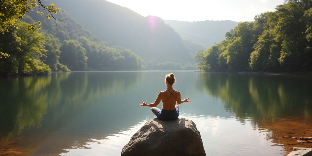 Person meditating by a tranquil lake in nature.