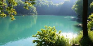 Tranquil lake scene with greenery and soft sunlight.