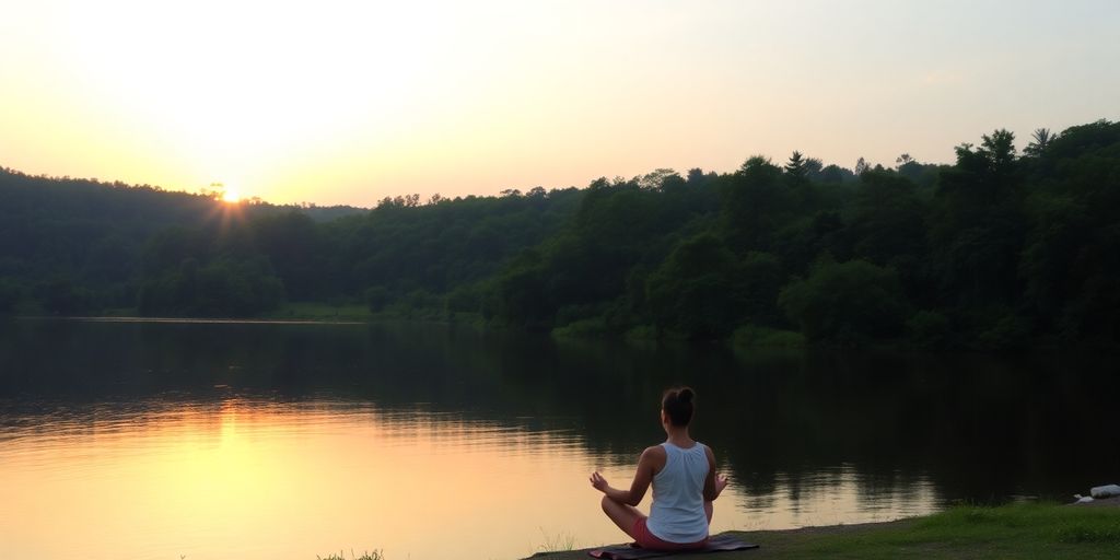 Person meditating by a tranquil lake at sunrise.