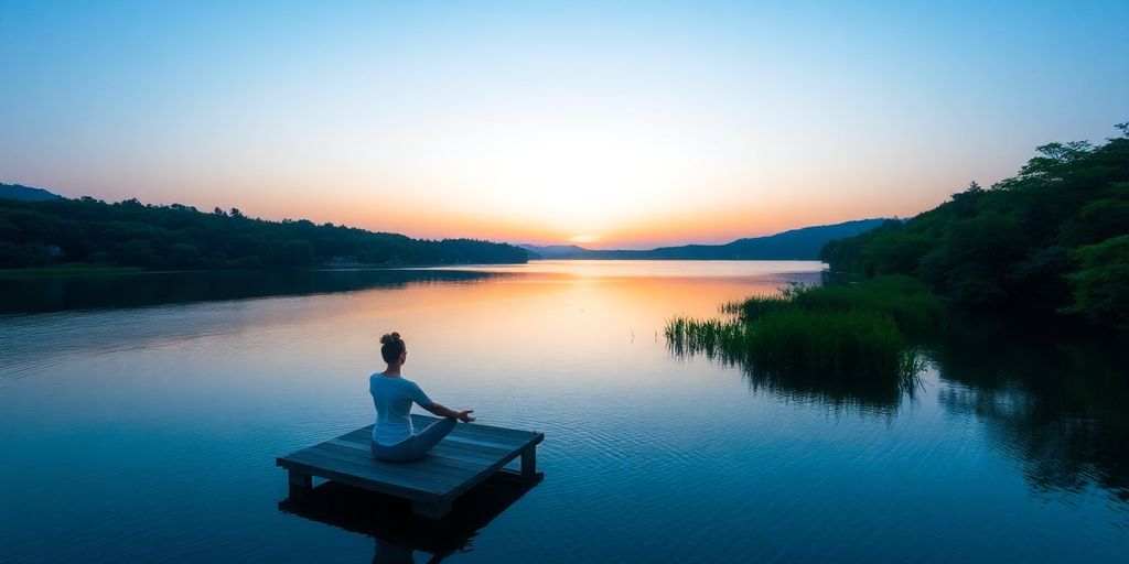 Person meditating by a peaceful lake at sunset.