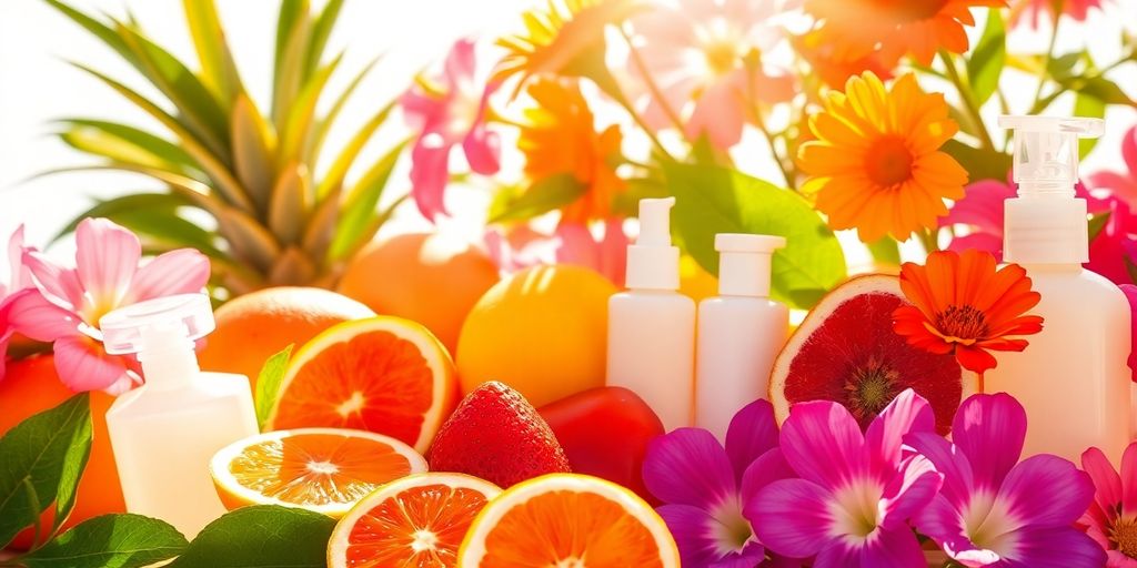 Fresh fruits and flowers for summer skin glow remedies.