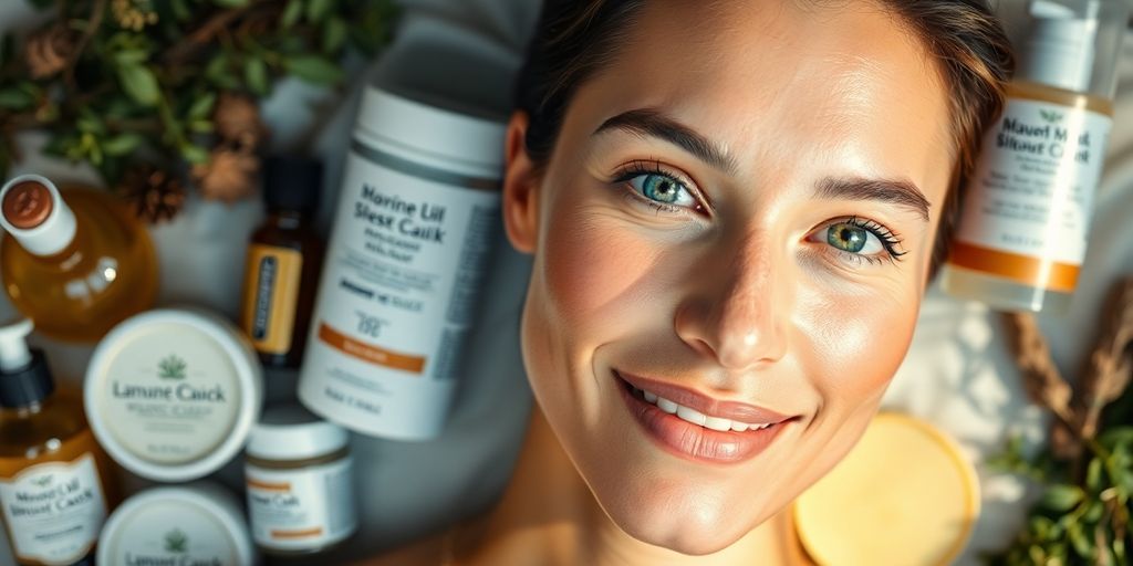 Woman with clear skin surrounded by natural skincare products.