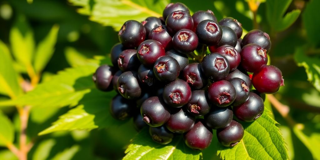 Fresh elderberries on a green leaf in sunlight.