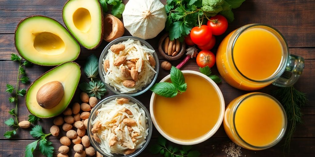 Colorful foods for gut health on a wooden table.