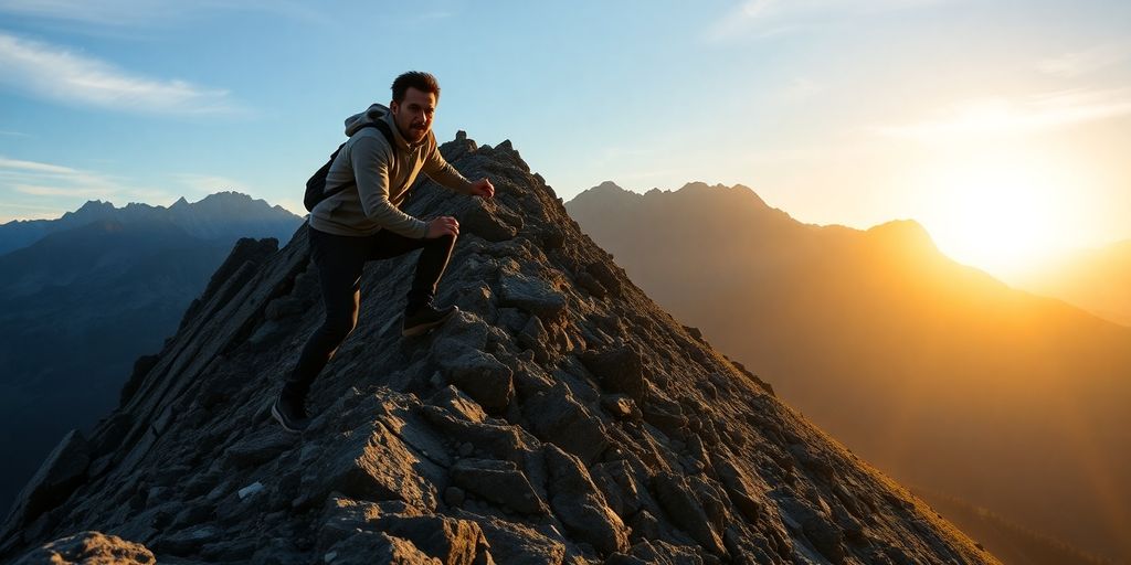 Person climbing mountain, symbolizing resilience and determination.