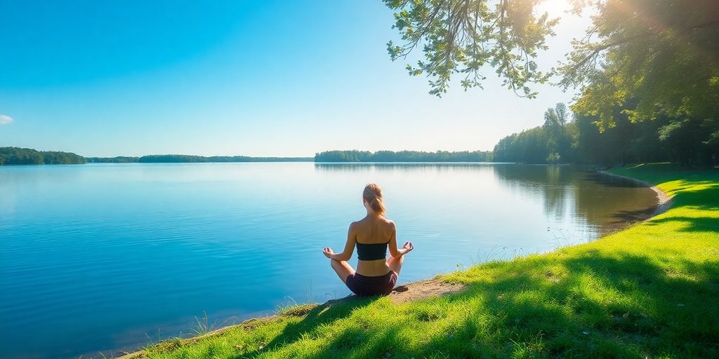 Person meditating by a calm lake surrounded by nature.