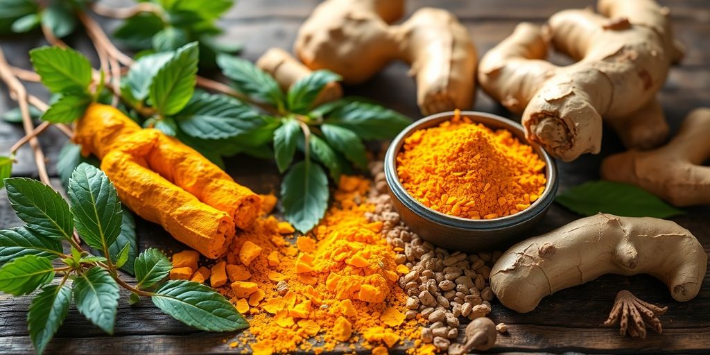 Ayurvedic herbs and spices on a wooden table.