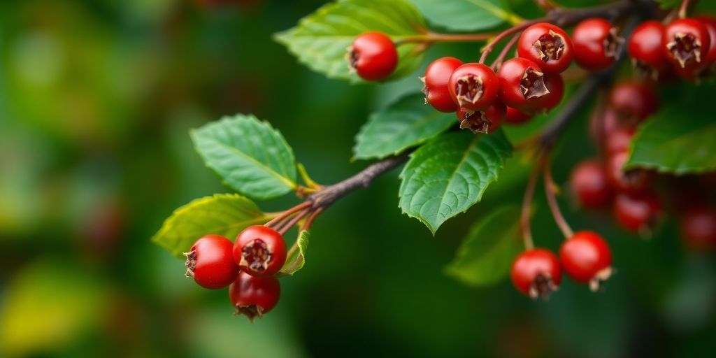 Hawthorn berries and leaves on a blurred background.