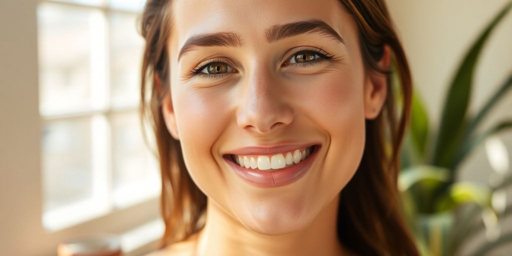 Woman smiling with radiant skin in natural light.