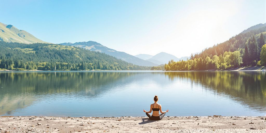 Meditator by a tranquil lake in nature.