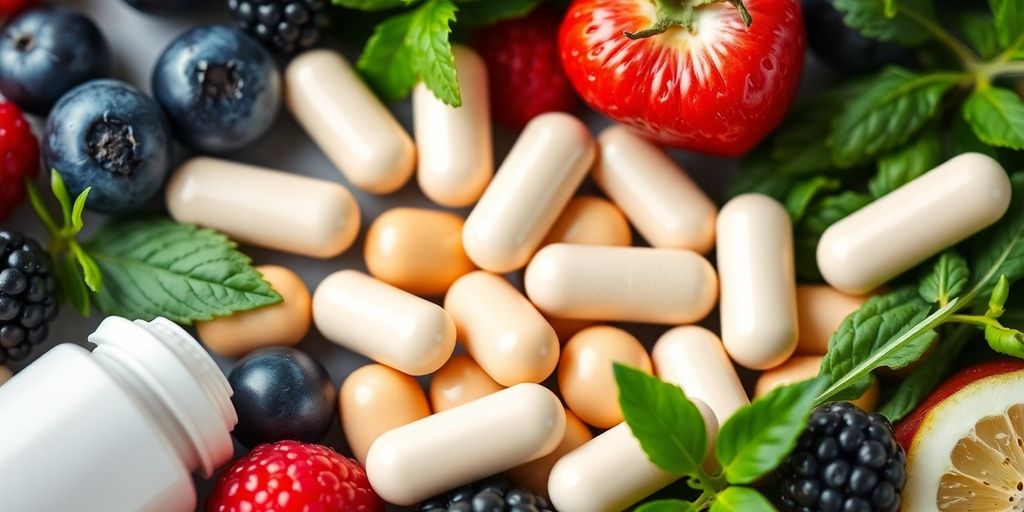 Probiotic capsules with fresh fruits and herbs on display.