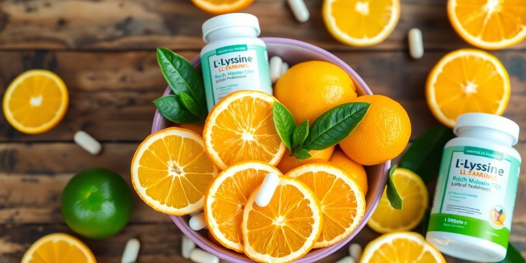 Bowl of citrus fruits with L-Lysine capsules on table.