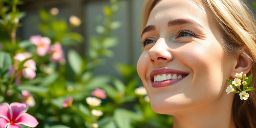 Woman with glowing fair skin in a natural setting.