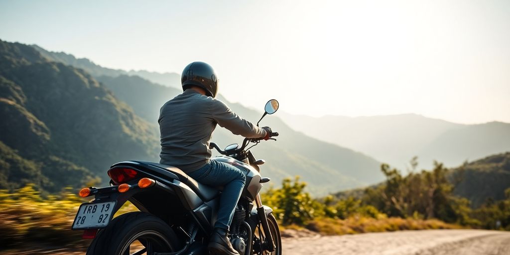 Motorcyclist enjoying a peaceful ride in nature.